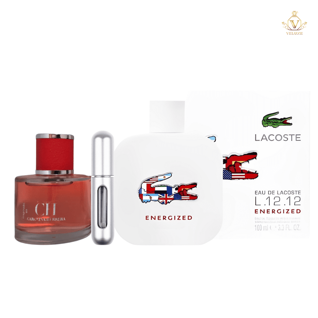Combo L4c0st3 En3rg1zed Men + Car0lin4 H3rrer4 CH 50ml Dama + Atomizador